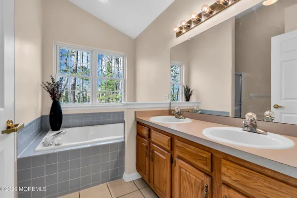 a bathroom with a tub sink and mirror