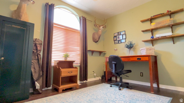 1797 Sunset Road Enoch, UT 84721 - Photo 32 of 80 Room featuring a prominent arched window with blinds and drapes, wood-finish flooring, light green painted walls, and built-in wood shelving