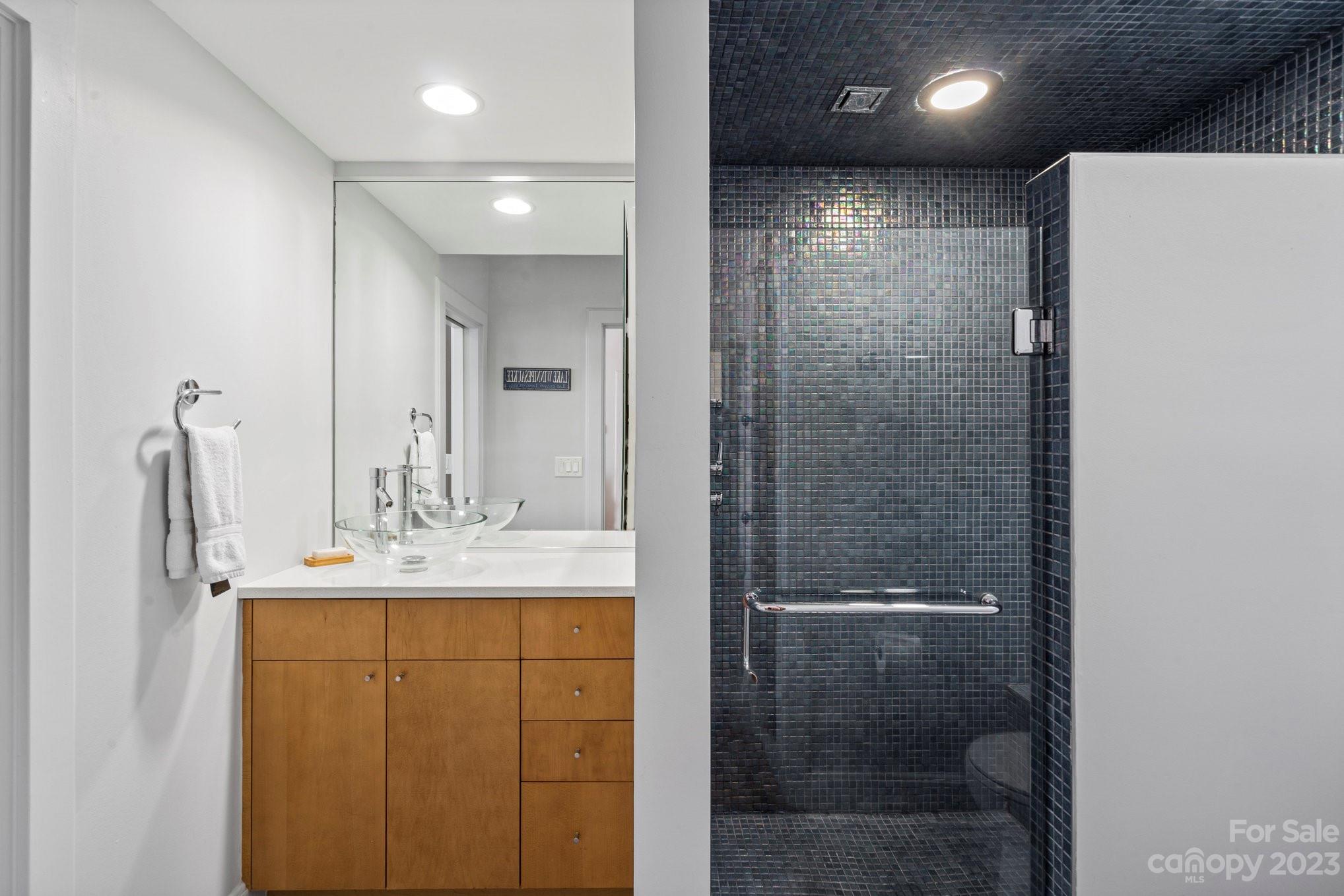 420 Queens Road, Unit 3 Charlotte, NC 28207 - Photo 24 of 35 a bathroom with a sink a mirror and shower