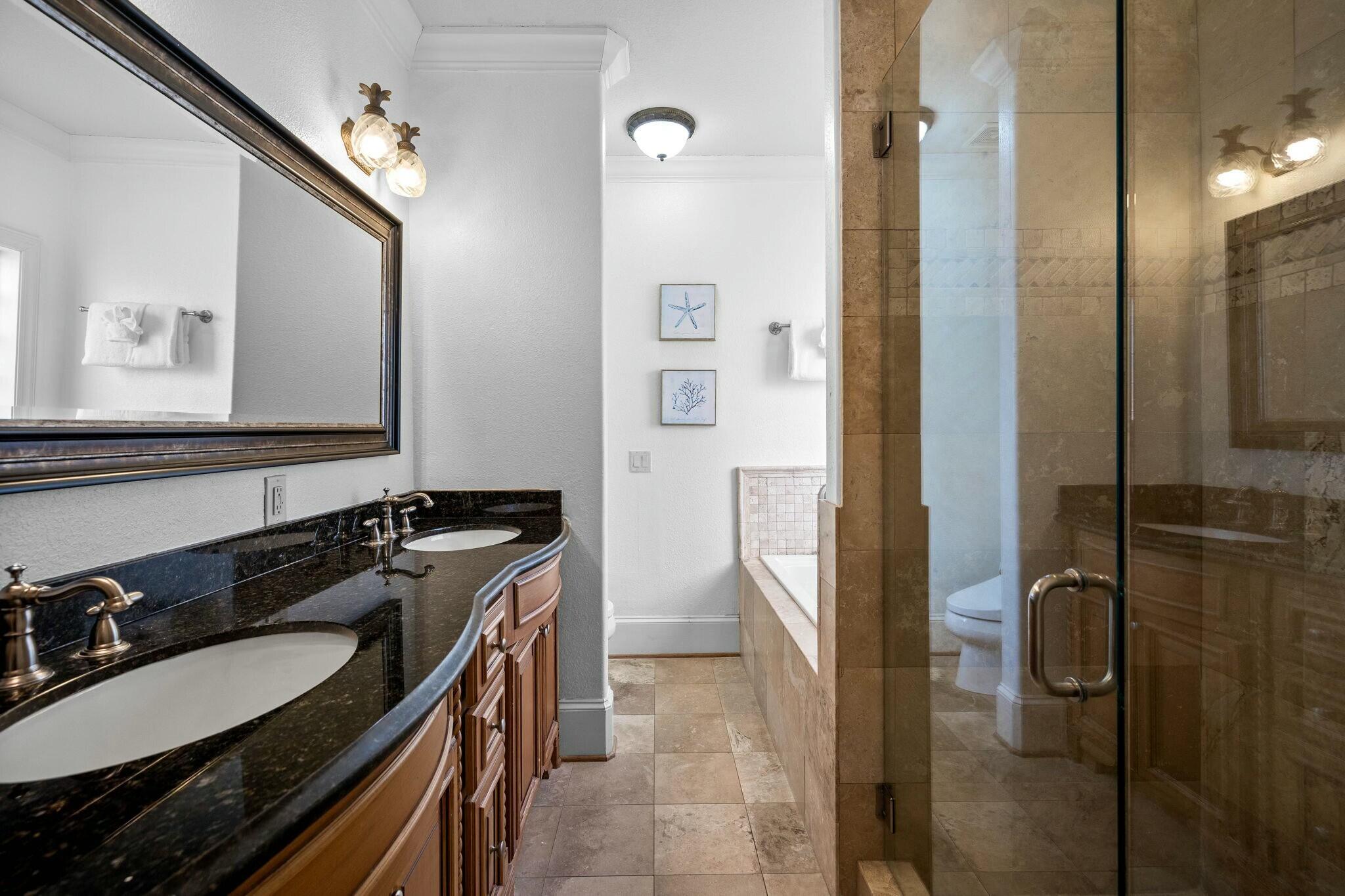 136 Surfer Lane Inlet Beach, FL 32461 - Photo 11 of 50 a bathroom with a granite countertop sink a mirror and a shower
