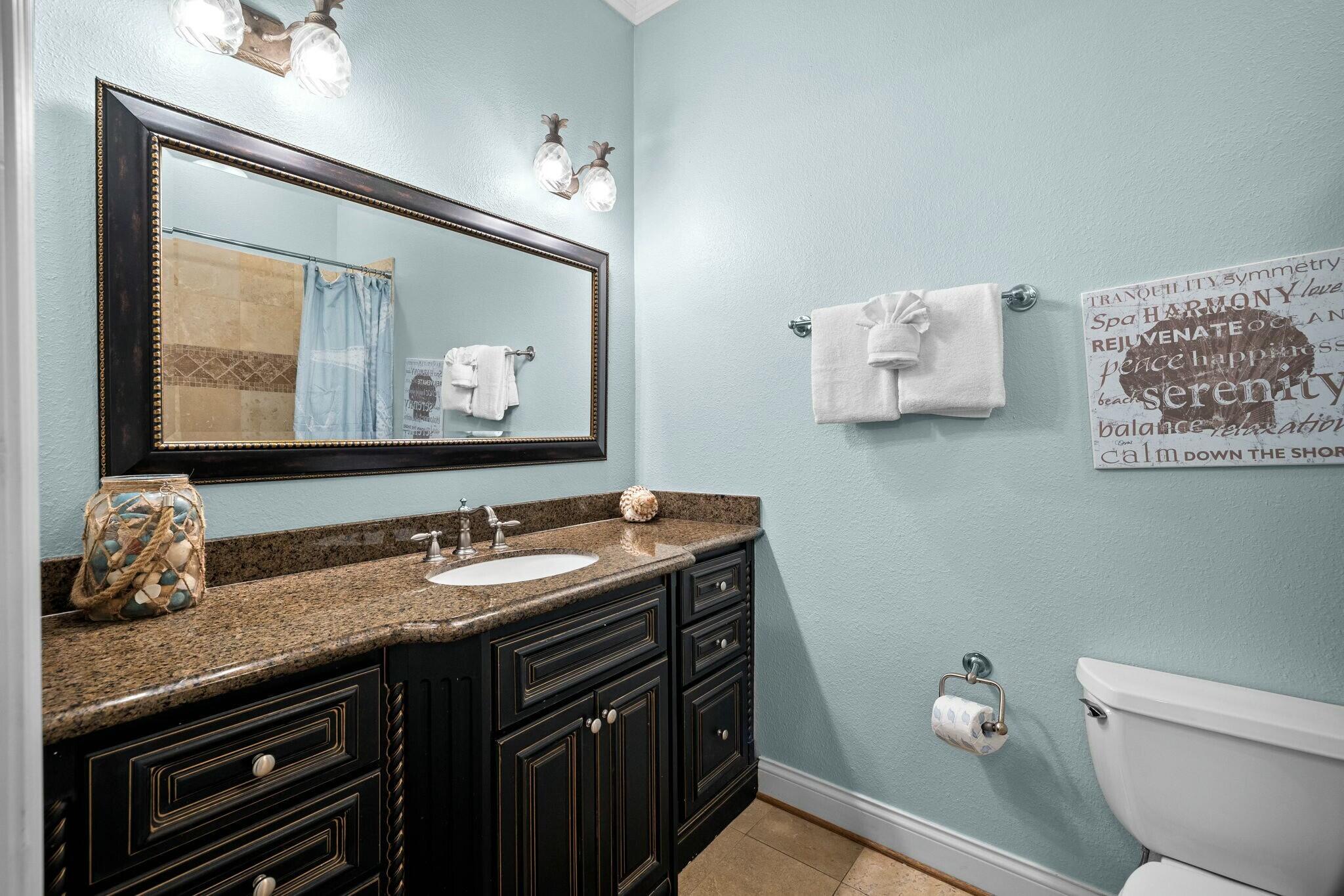 136 Surfer Lane Inlet Beach, FL 32461 - Photo 22 of 50 a bathroom with a granite countertop sink a toilet and a mirror