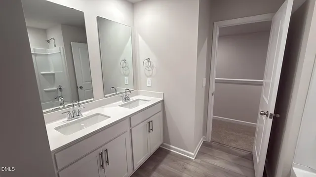 a bathroom with a sink a mirror a vanity and a shower