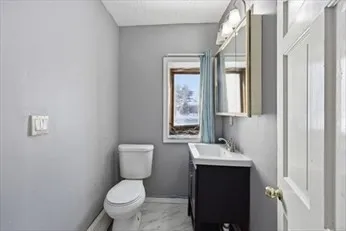 a bathroom with a toilet sink and mirror