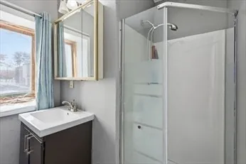 a bathroom with a shower sink and mirror