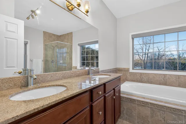 a bathroom with a bathtub and a shower