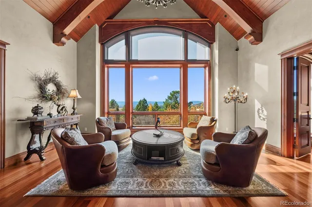 a living room with furniture a large window and a potted plant
