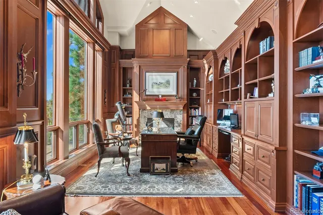 a living room filled with furniture and a book shelf