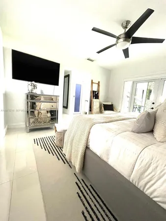a spacious bedroom with a bed and a flat screen tv