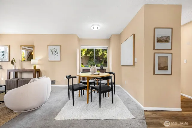 a view of a dining room with furniture