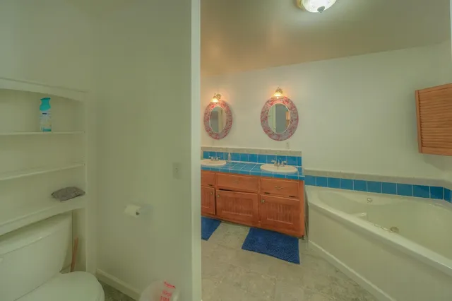 a bathroom with a tub a sink and a mirror