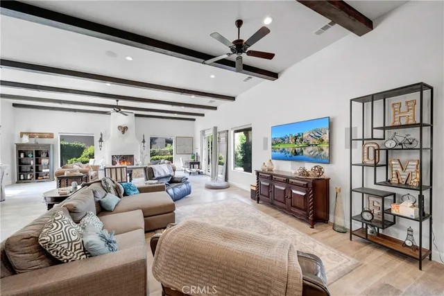 a view of a hallway with wooden shelves
