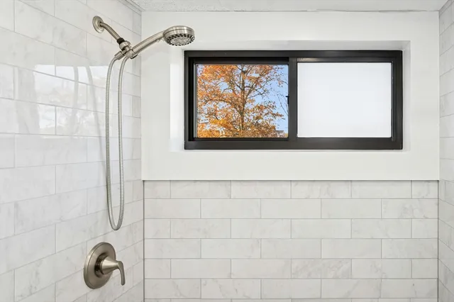a bathroom with a shower and a window