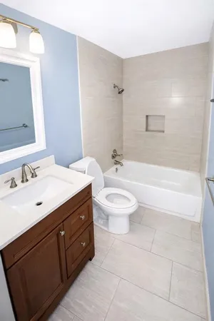 a bathroom with a double vanity sink a toilet and a bathtub