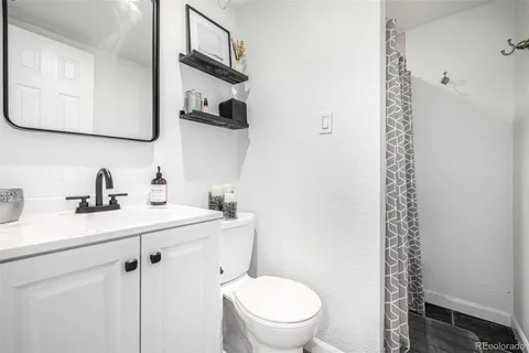a bathroom with a sink a toilet and mirror
