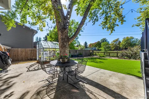 a view of a backyard with chairs potted plants and a large tree