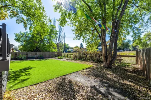 a view of a backyard with large trees