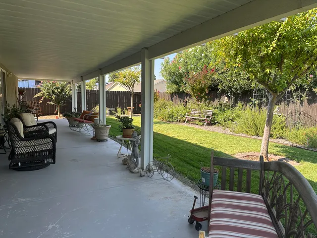 a garden with a bench and some trees