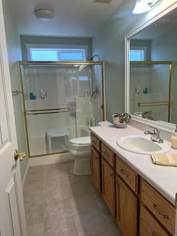 a bathroom with a double vanity sink toilet and mirror