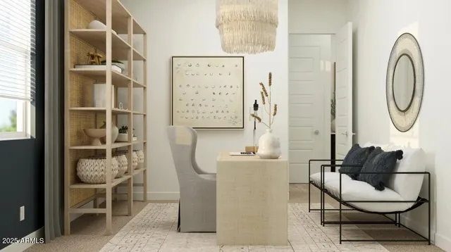 a living room with furniture a table and a mirror