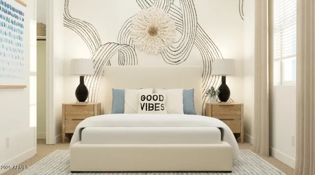 a bedroom with a bed and a window