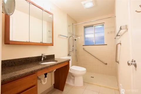 a bathroom with a sink a toilet and shower
