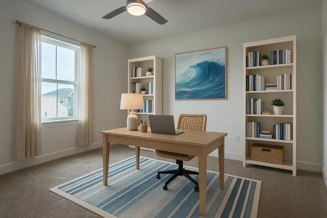 a workspace with furniture and a window