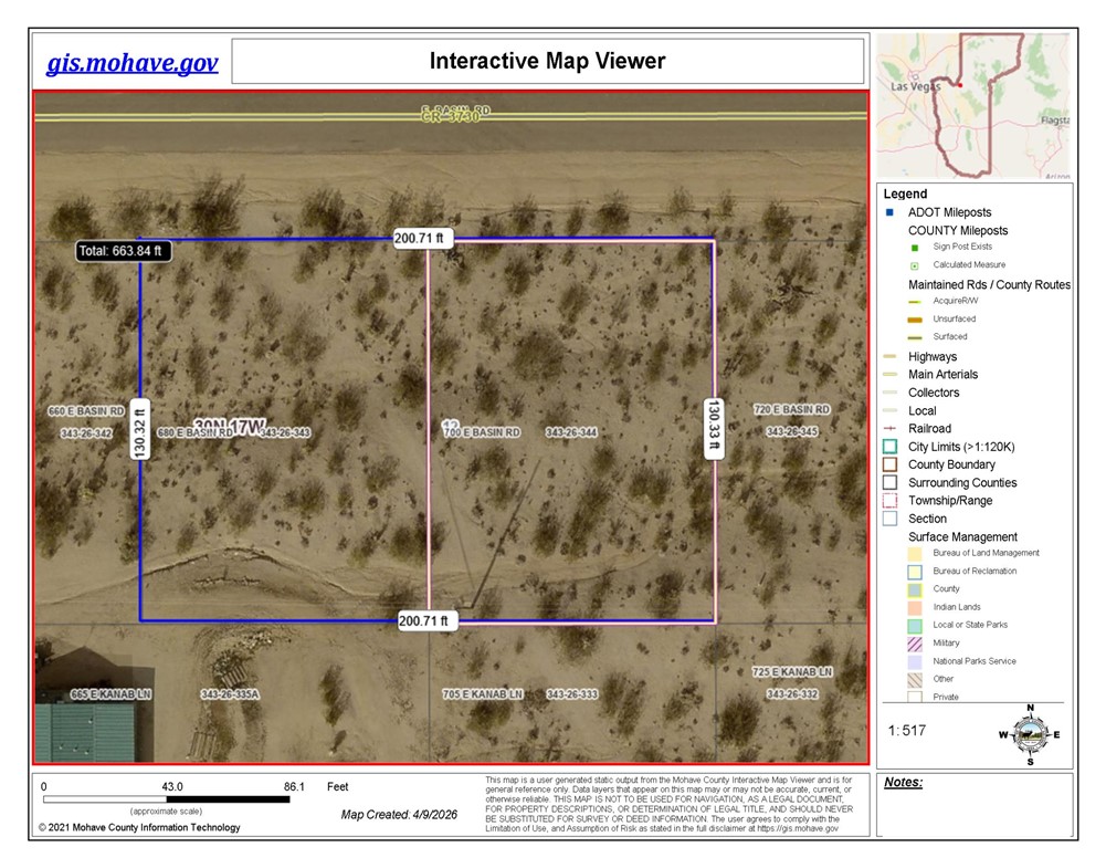 680 Basin Road Meadview, AZ 86444 - Photo 4 of 5 Mohave County GIS Map. Displaying property boundaries and measurements within the county
