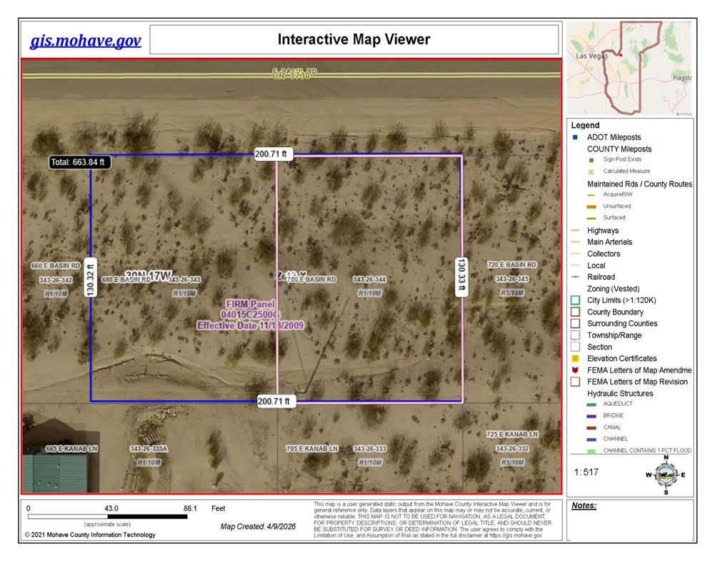 680 Basin Road Meadview, AZ 86444 - Photo 5 of 5 Interactive Map Viewer. Displaying property boundaries, parcel identification, and flood zone information