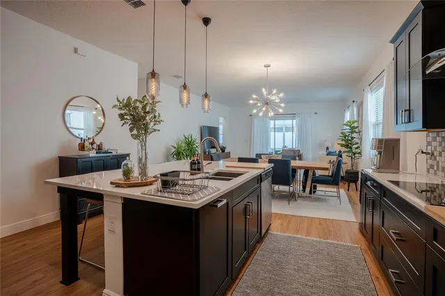 a living room with furniture a potted plant and a chandelier