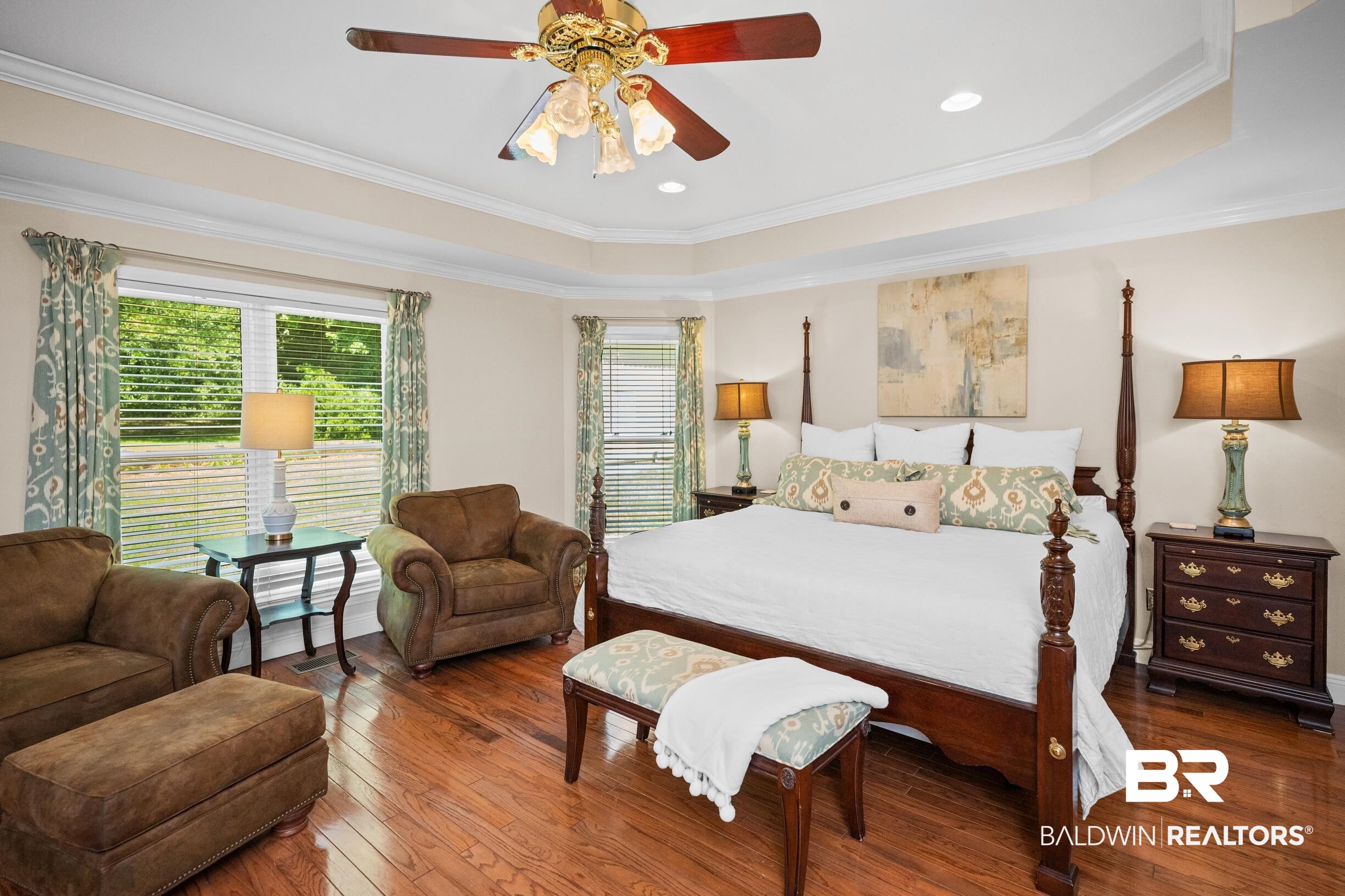 196 Morning Ridge Road Monroeville, AL 36460 - Photo 28 of 71 Bedroom with hardwood / wood-style flooring, ornamental molding, a raised ceiling, a ceiling fan, and recessed lighting