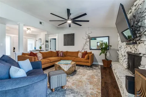 a living room with fireplace furniture and a flat screen tv