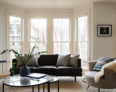 a living room with furniture potted plant and a window