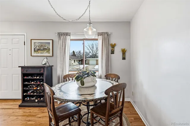 a view of a dining room with furniture and wooden floor