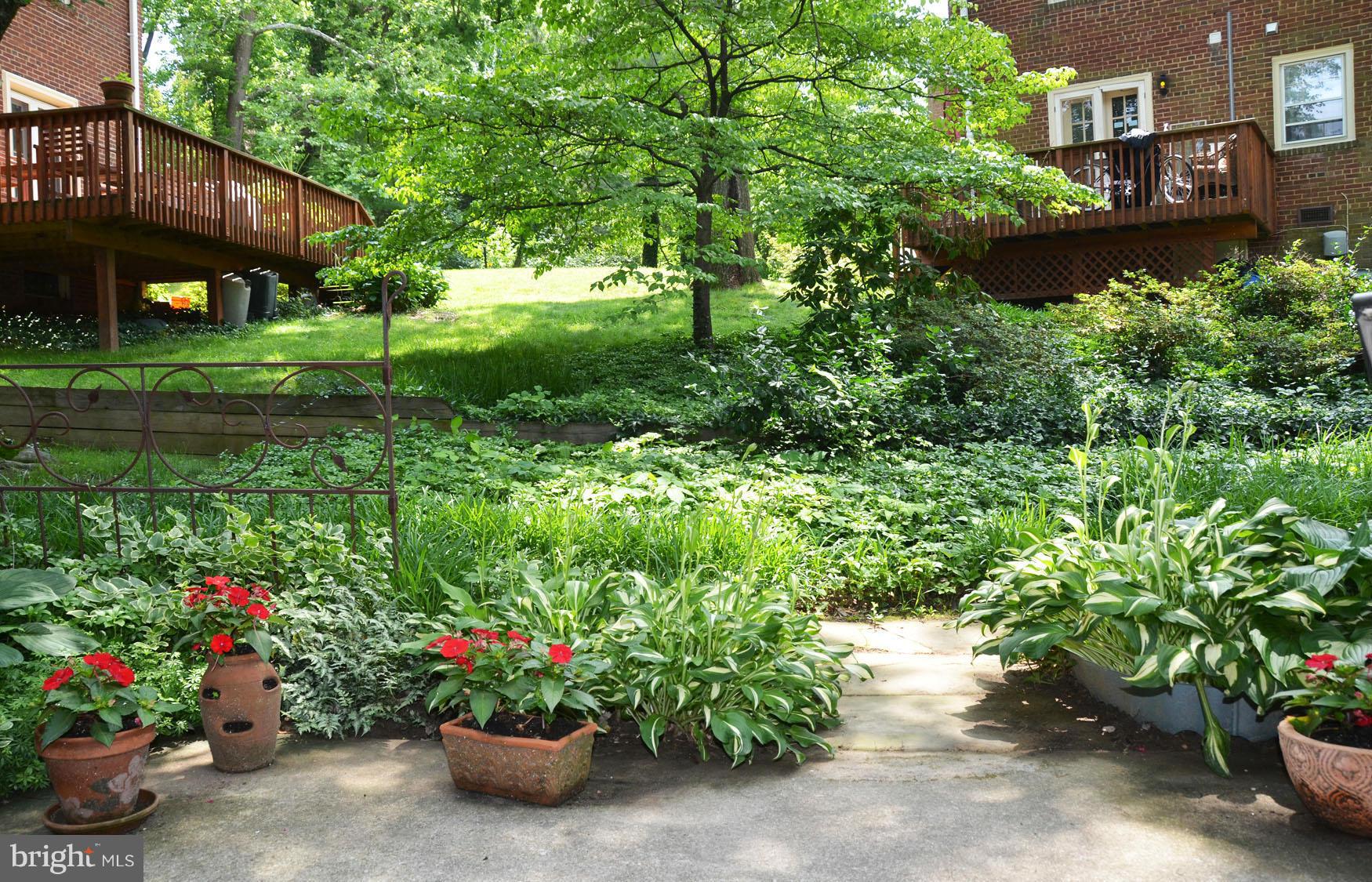6607 Hillandale Road, Unit 89 Chevy Chase, MD 20815 - Photo 4 of 30 a view of a garden with a bench and potted plants