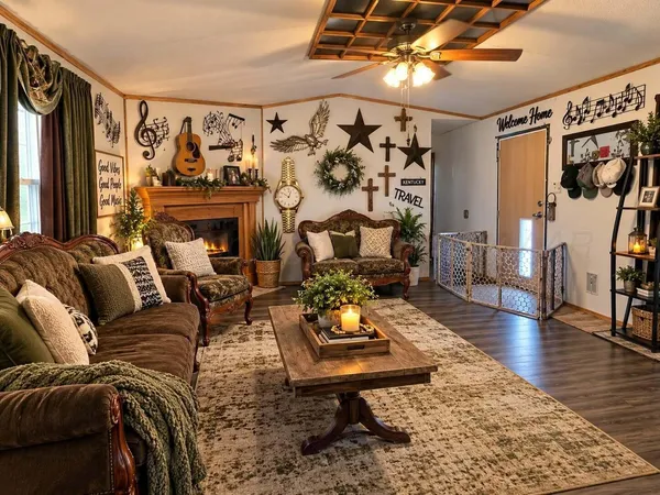 a living room with patio furniture and wooden floor