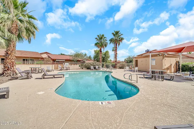 a view of a swimming pool with a lounge chair and palm trees