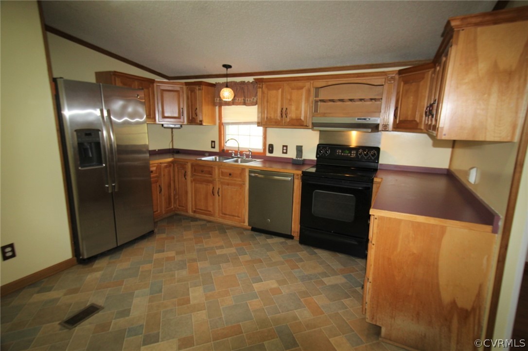 802 Scotts Bottom Road Dillwyn, VA 23936 - Photo 18 of 28 a kitchen with stainless steel appliances granite countertop a refrigerator a stove top oven a sink and dishwasher