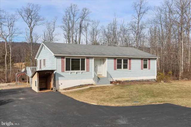 a view of a house with backyard and trees