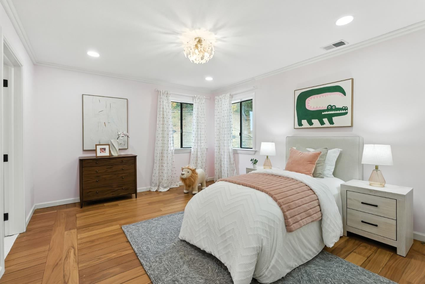 1 Lewis Ranch Road San Carlos, CA 94070 - Photo 42 of 111 a spacious bedroom with a bed and a chandelier