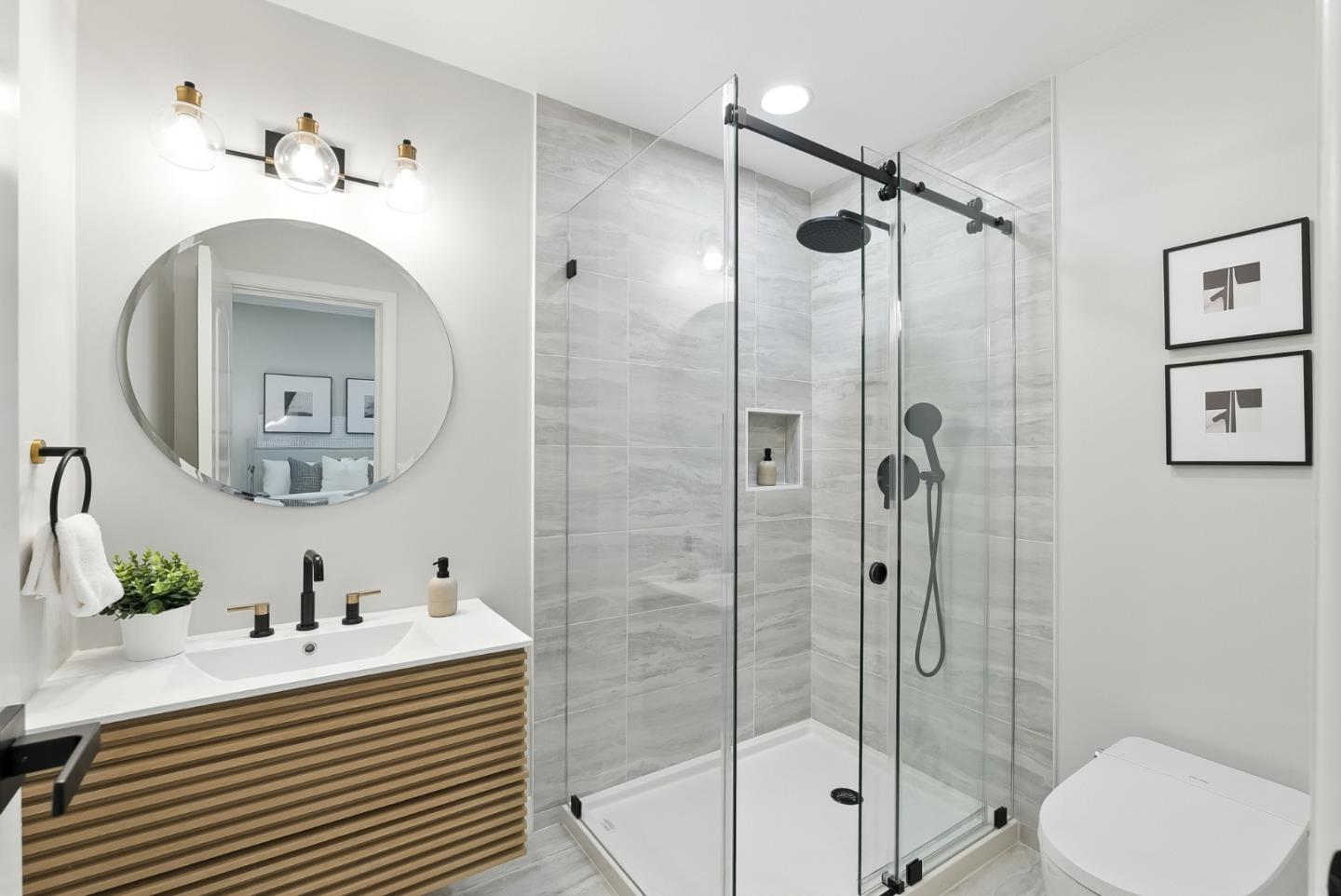 1 Lewis Ranch Road San Carlos, CA 94070 - Photo 91 of 111 a bathroom with a sink vanity mirror and shower