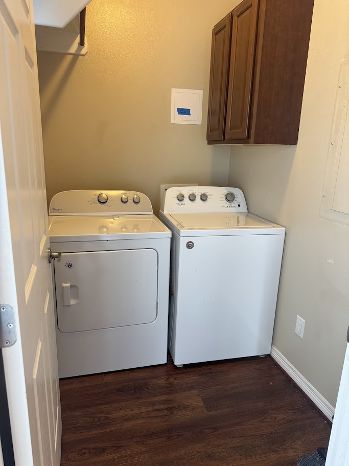 1198 Jones-Butler Road, Unit 1904 College Station, TX 77840 - Photo 5 of 17 Laundry room featuring dark wood-type flooring, cabinet space, independent washer and dryer, and electric panel