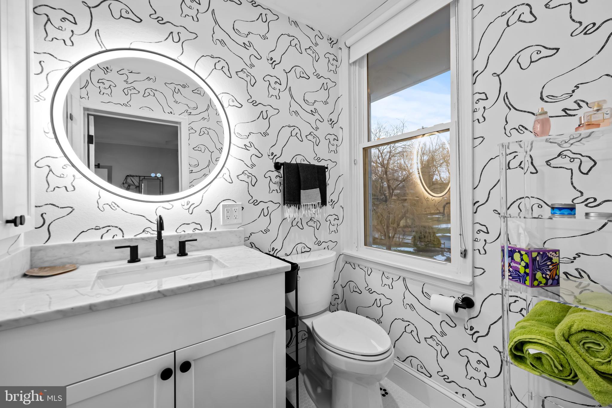 8412 Stevenson Road Baltimore, MD 21208 - Photo 50 of 77 a bathroom with a toilet sink mirror vanity and shower