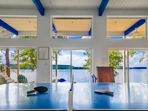 a view of swimming pool from a window