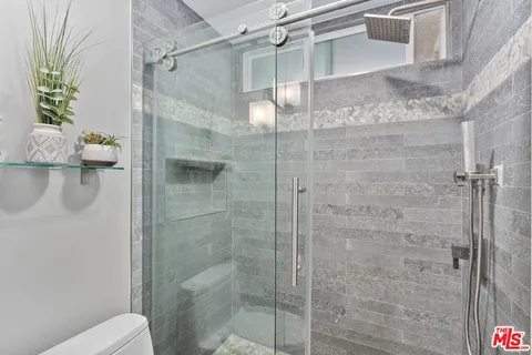 a bathroom with a shower and toilet
