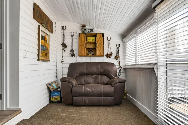 a view of a garage with furniture