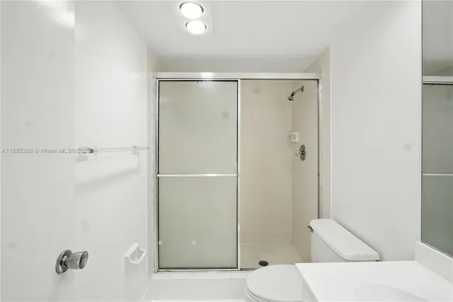 a bathroom with a shower and a toilet