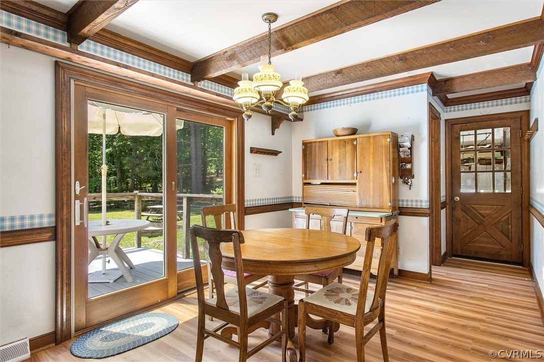 22601 Skinquarter Road Moseley, VA 23120 - Photo 15 of 50 a dining room with furniture wooden floor a chandelier and a rug