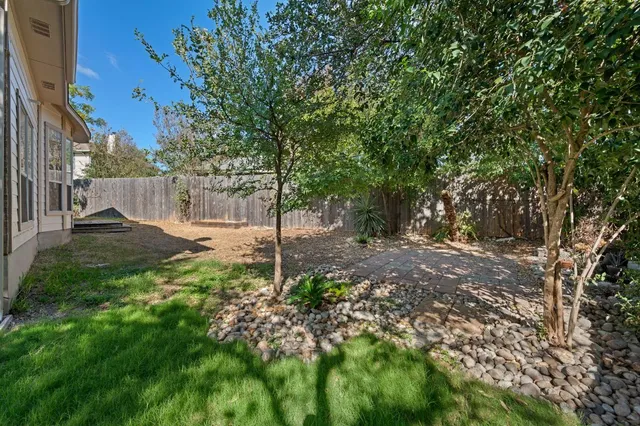 a view of a yard with plants and trees
