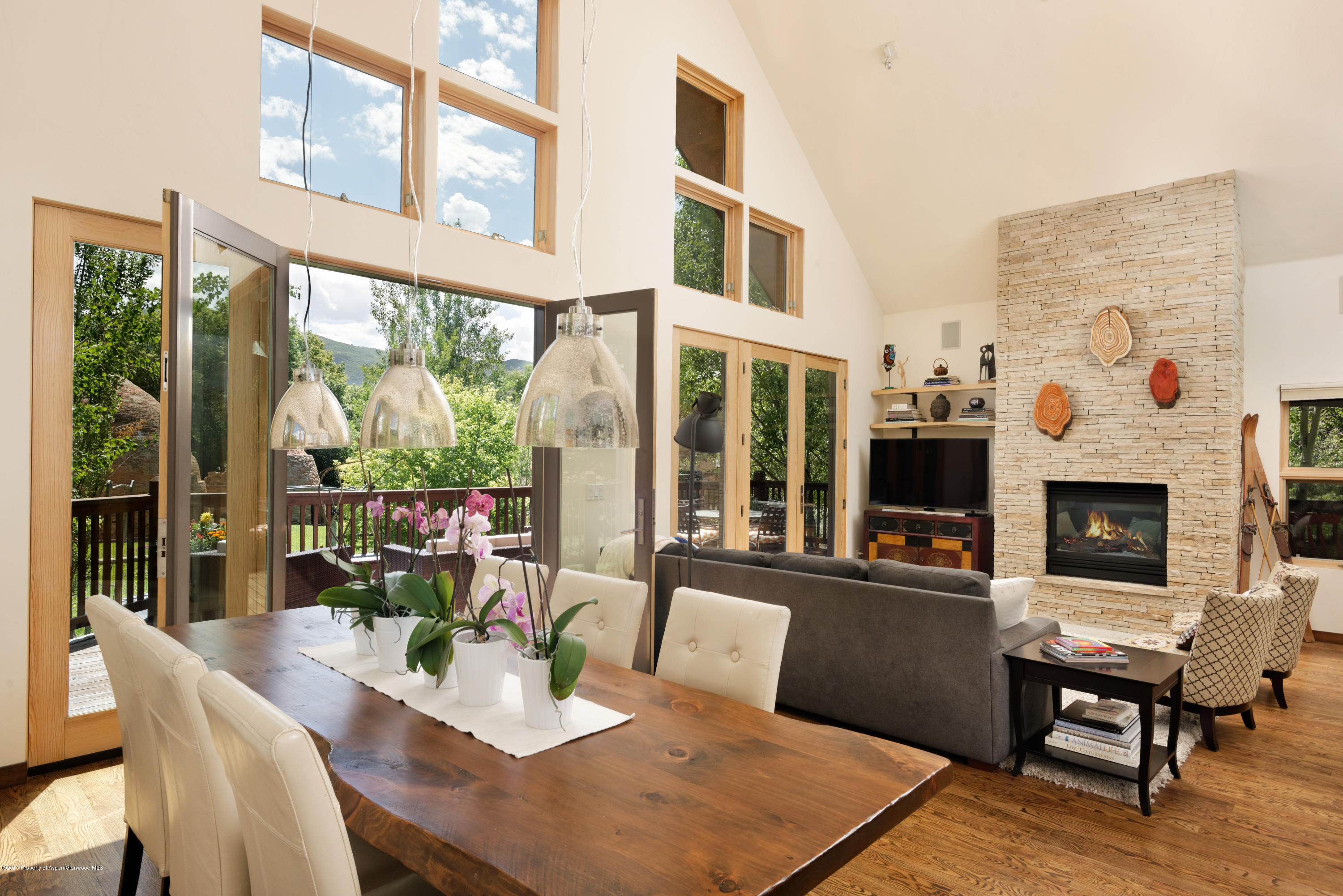 185 Riverside Drive Basalt, CO 81621 - Photo 4 of 34 a living room with furniture a fireplace and a floor to ceiling window