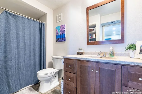 a bathroom with a toilet a sink a vanity and mirror